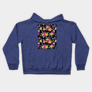 Watercolor Floral Seamless Pattern Art On Black Background Kids Hoodie